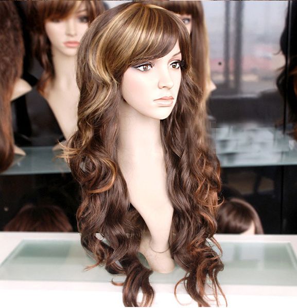 

fashion long brown mix blonde curly wavy women lady cosplay hair wig wigs + cap, Black