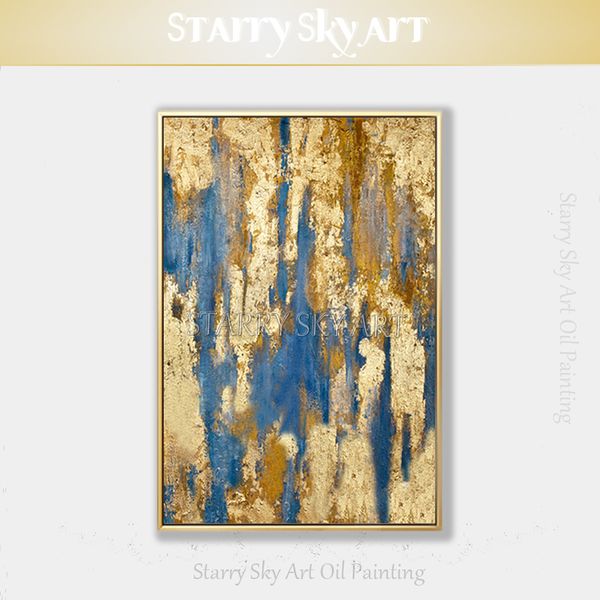 

artist hand-painted abstract gold foil acrylic painting wonderful abstract blue and golden foil acrylic painting