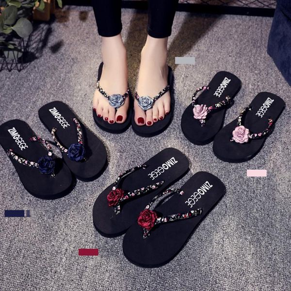 

new summer beach slippers women fashion floral wedges non-slip flat heel flip-flops shoes woman slippers buty damskie shoes #c3, Black