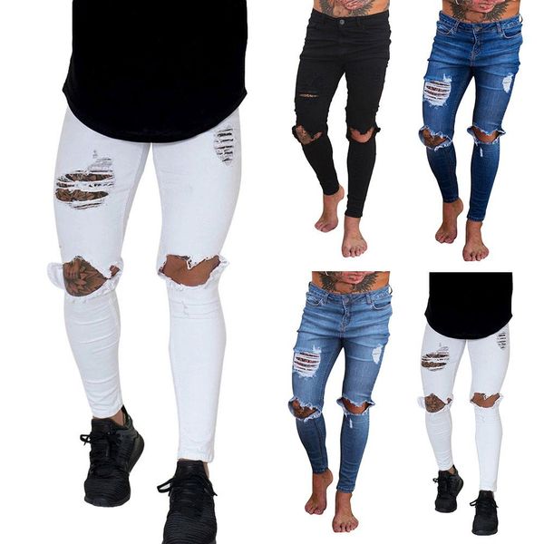 

fashion men ripped hole jeans skinny low waist denim long pants slim trousers, Black