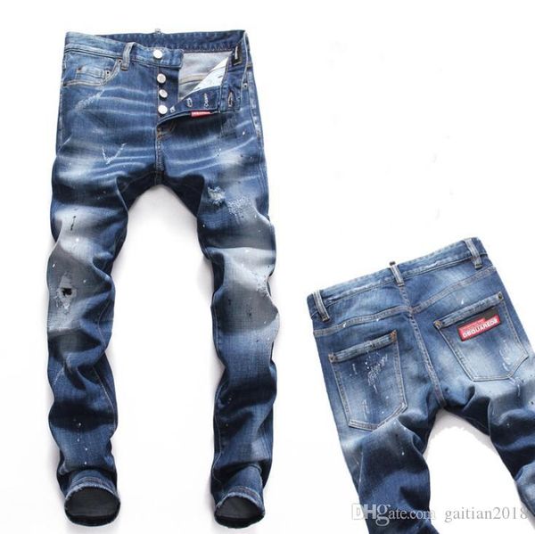 

новый 2019 человек рваные джинсовые разрывая джинсы синий хлопок моды tight весна осень мужские брюки a8034, Blue