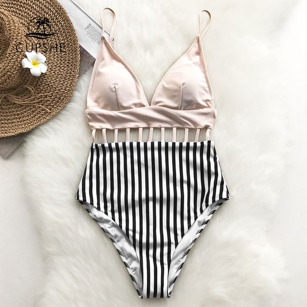 

cupshe розовый v-образным вырезом strappy цельный купальник женщины полосатый регулируемое cut out monokinis 2020 девочка пляж backless купа, White;black