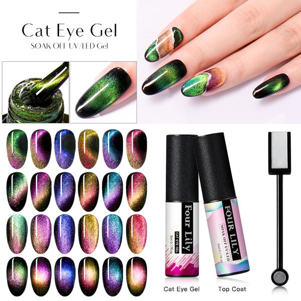 

nail gel four lily 5ml magnet cat eye polish set auroras shining laser uv varnish soak off long lasting 5d art lacquer, Red;pink