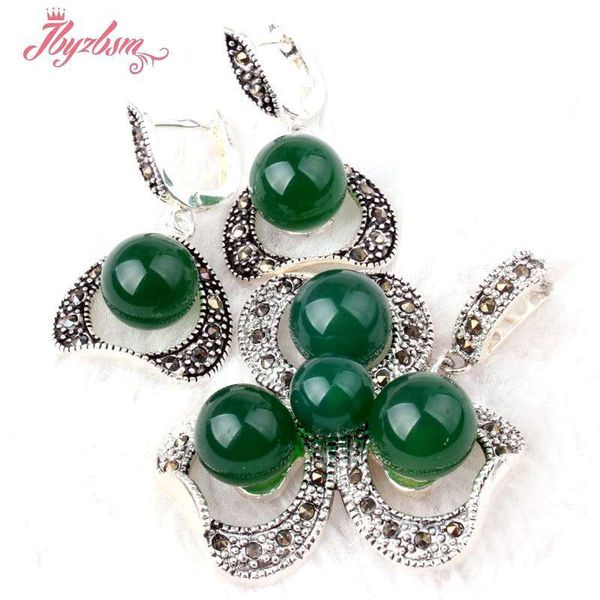 

8,10mm natural round green agat e gem stone beads tibetan silver fashion style pendant 35x45mm,earrings 19x25mm,ing