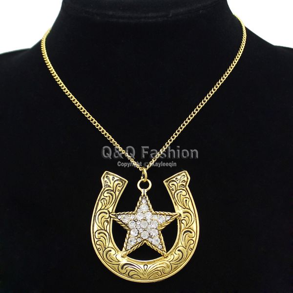 

western cowgirl horse shoe cz texas shooting star chain rodeo bib necklace jewelry new, Silver