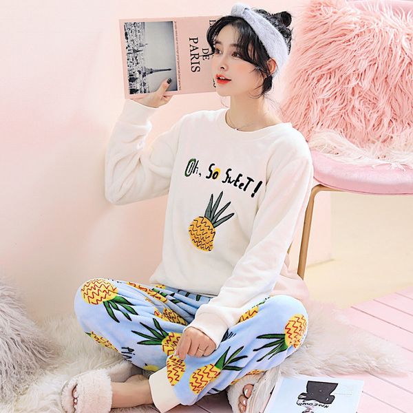 

loungewear autumn winter thick pajamas fleece 2018 new cartoon pineapple set sweatshirt pants loose elastic waist pyjamas s8d209, Blue;gray