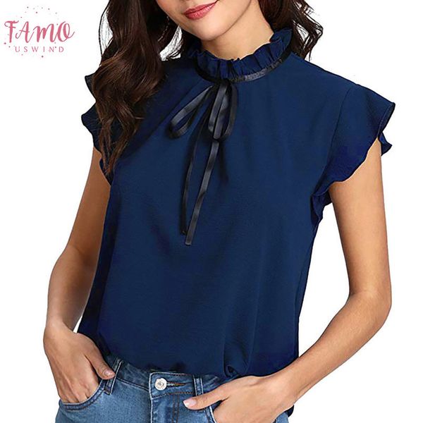 

womens casual cap sleeve bow tie shirt solid chiffon blouse ladies chemise femme elegant feminine blouses sale, White