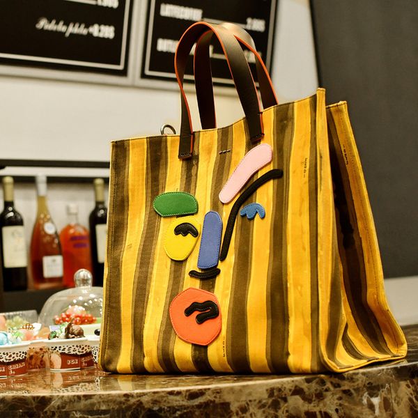 

women new fashion canvas striped clown face pattern color mixed large capacity tote shoulder bag daily