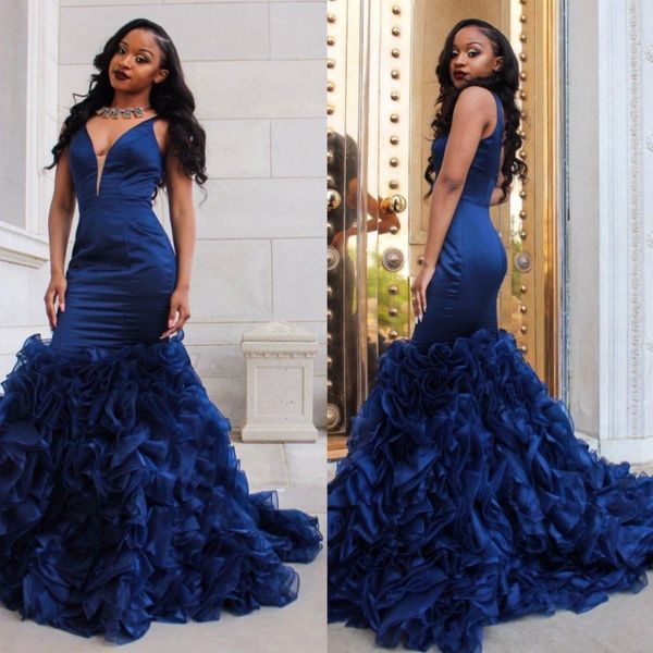 

black girl mermaid backless prom dresses sheer plunging neck evening gowns satin sweep train organza ruffled formal dress