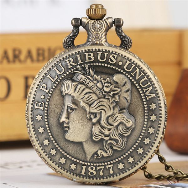 Bronze klassische amerikanische Münze Morgan Half Dollar Taschenuhren analoges Quarzwerk Uhr Halskette Kette Geschenk