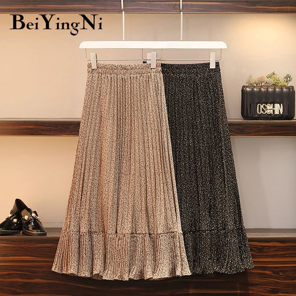 

beiyingni summer women skirt fresh floral print high elastic waist pleated long casual skirts midi plus size khaki black faldas