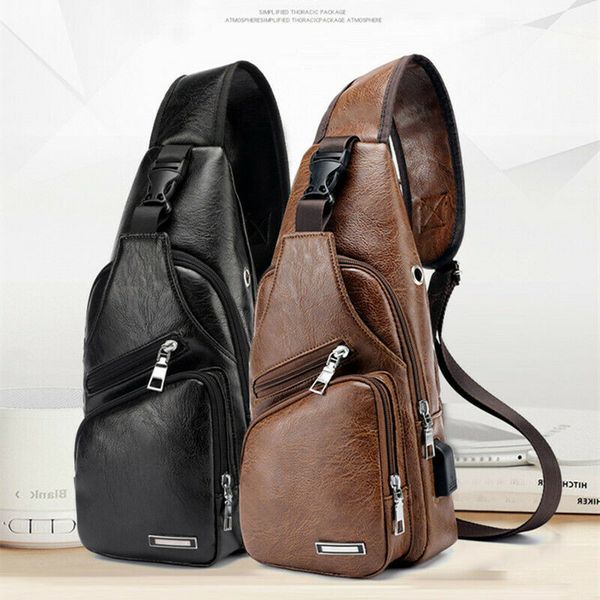 

mens leather business shoulder bag chest sling bag travel pack usb charging port