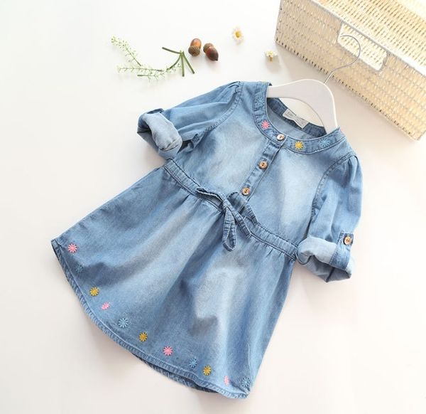 

fashion girls denim dress baby soft cotton dresses girls long-sleeve flower-embroidery dresses kids dress-style blouses, Red;yellow