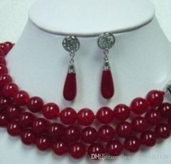 

necklace fancy 3 row green/red jade necklace earring ring set, Silver