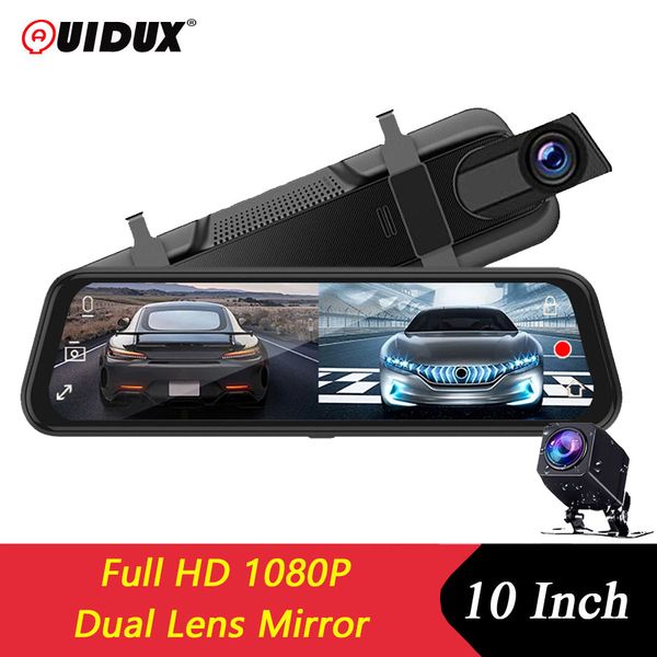 

quidux 10" car rearview mirror dual lens dash camera streaming media full-screen touching night vision fhd 1080p dashcam car dvr