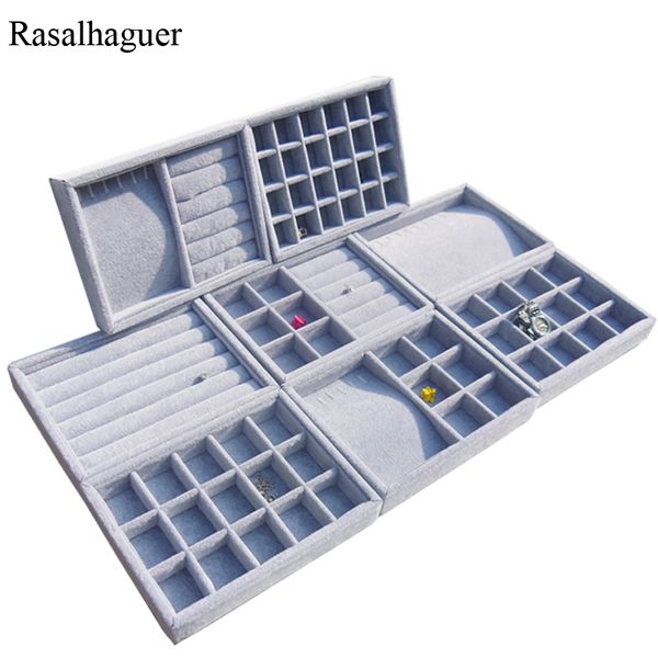 

new arrival diy jewelry box drawer storage organizer gray soft velvet jewellery earring necklace pendant bracelet tray 9 options, Black;white
