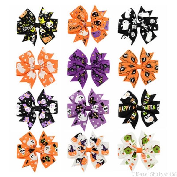 

chrideren halloween boutique hair bows 3inch 12pcs pumpkin skull hair clips thanksgiving hair accessories hairpins gift for girls kids, Golden;silver