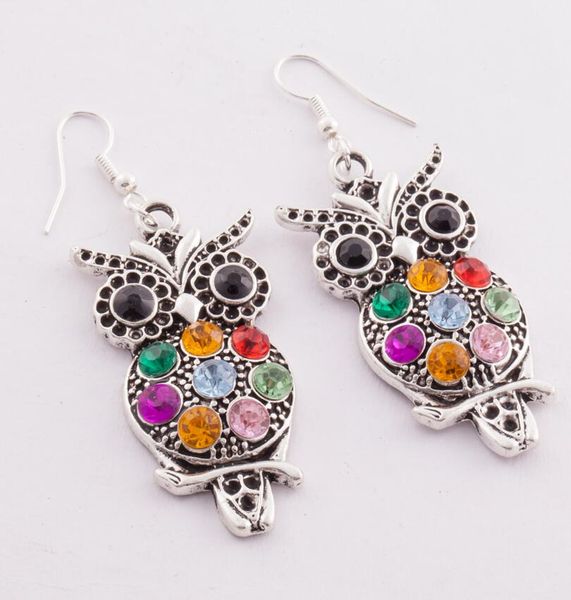 

древние серебряные цветные стразы кристалл сова шарм подвеска рыболовные крючки серьги серьги с подвесками люстра женщины diy ювелирные изде, Silver