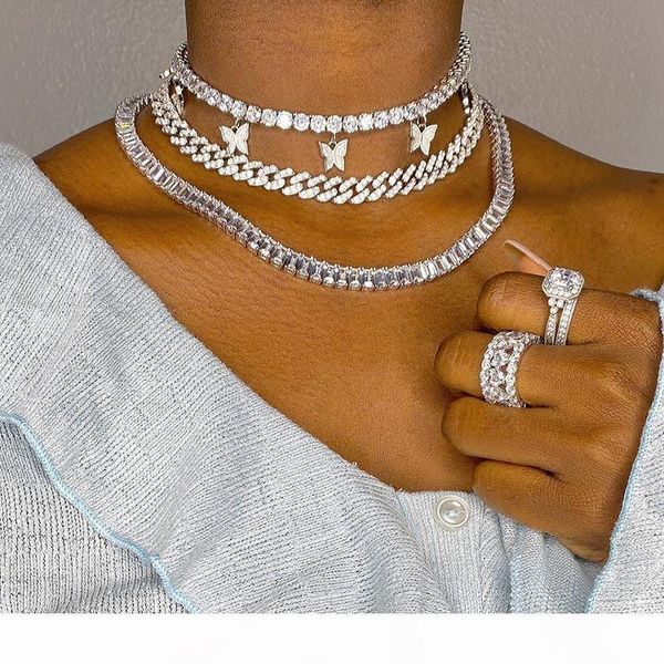 

heart arrow cz tennis chain with luxury drip cz butterfly charm 32+10cm choker necklaces iced out bling multilayer women jewelry, Silver