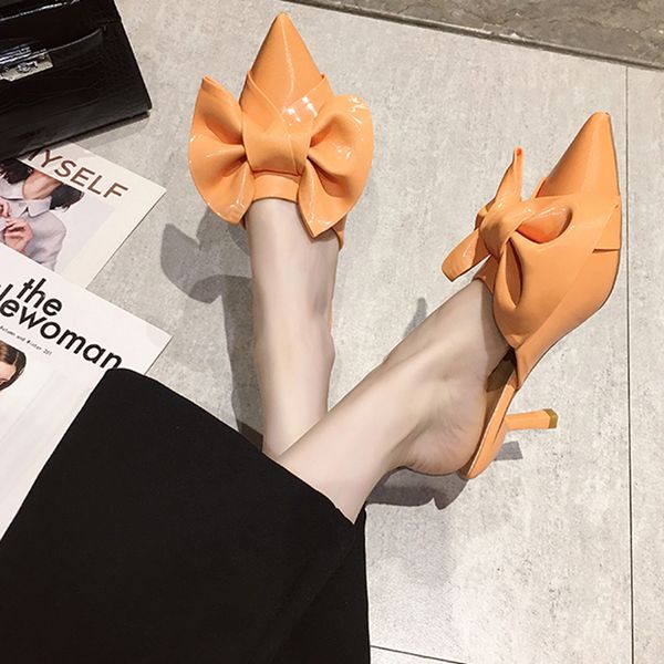 

big bow mules shoes women high heel pointed toe slippers summer closed toe sandals women half slippers orange beige, Black