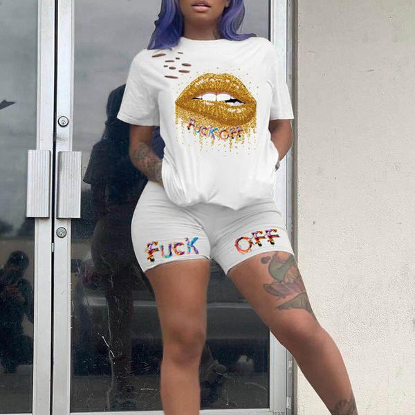 

letters lips print with hole two piece set tracksuit and shorts matching suit casual 2 piece outfits for women, White