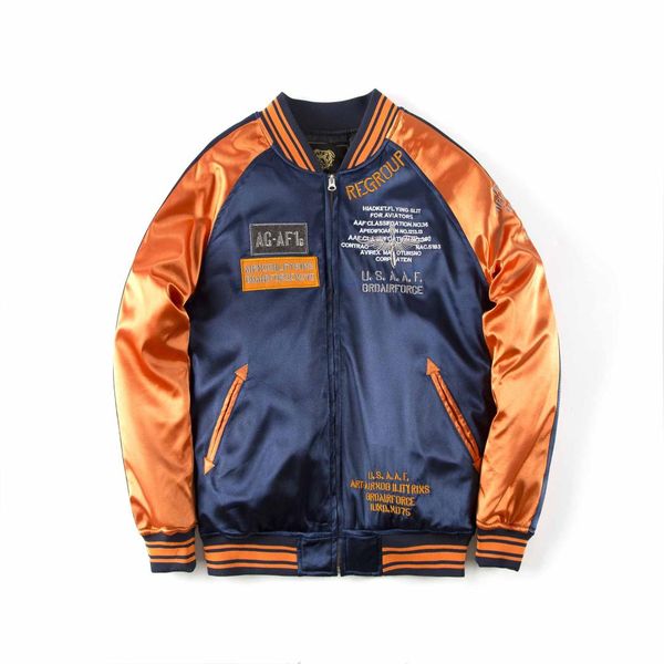 

men fashion satin silk embroidery ma1 bomber baseball jacket, Black;brown