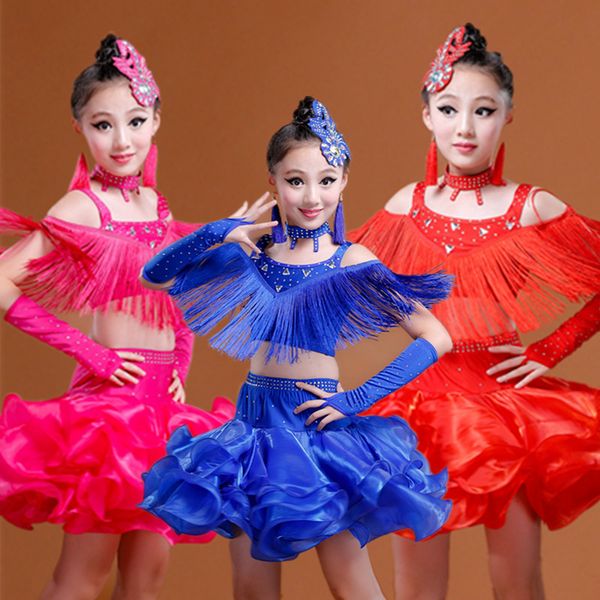 

girls latin dance clothes new children's summer costumes fringe bright diamond children's dance theatrical costumes, Black;red