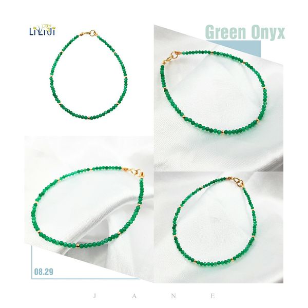 

lii ji natural stone green onyx bracelet natural stone sparkling bead 925 sterling silver clasp deilicate handmade bracelet, Golden;silver