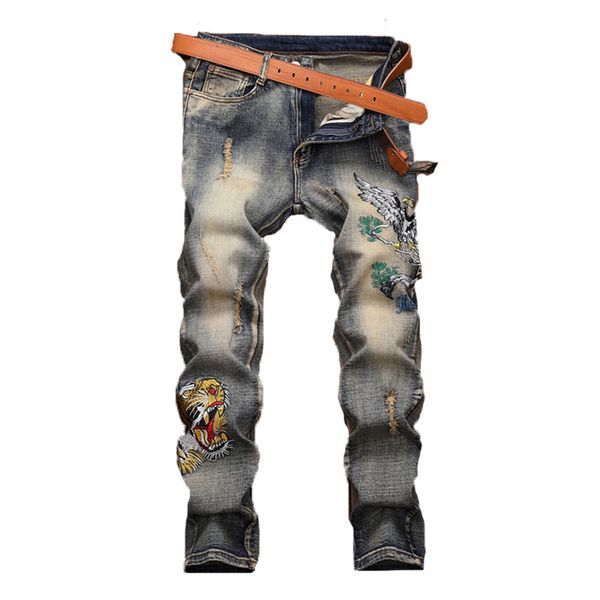 

2018 european version jeans large size white washed trousers hole male casual, Blue