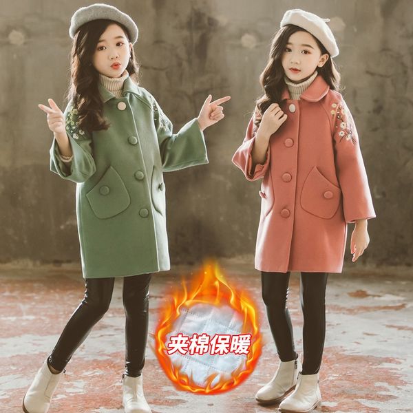 

2020 winter girls en wool wool coat children's foreign style winter clothes women's big children's cotton woolen coat, Blue;gray