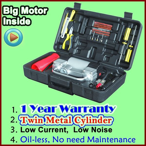

wholesale good quality inflatable pump with tire repair tool car air compressor 12v with toolbox twin cylinder metal pump