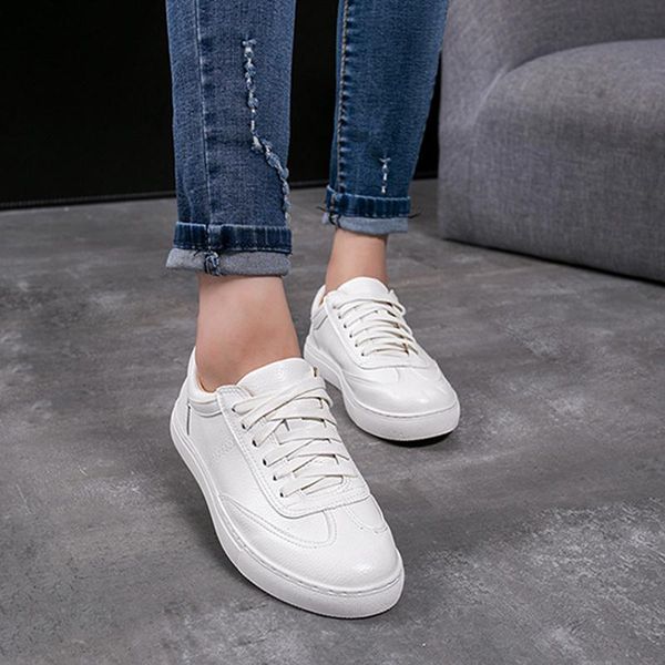 

with box 2020 leather women flats white shoes platform spring autumn casual shoes woman lace up plus size female sneakers driving, Black