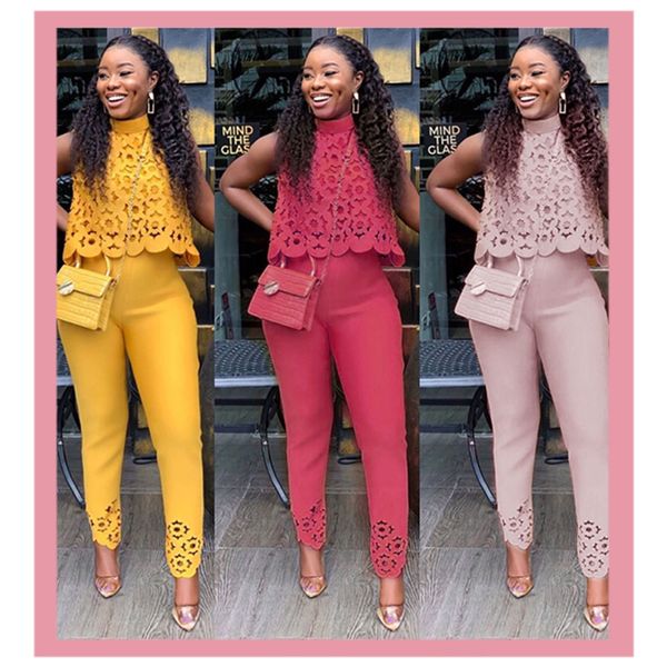 

2020 fashion pink lace crop and pants suits sleeveless hollow two piece set elegant suit lady office work party outfits, White