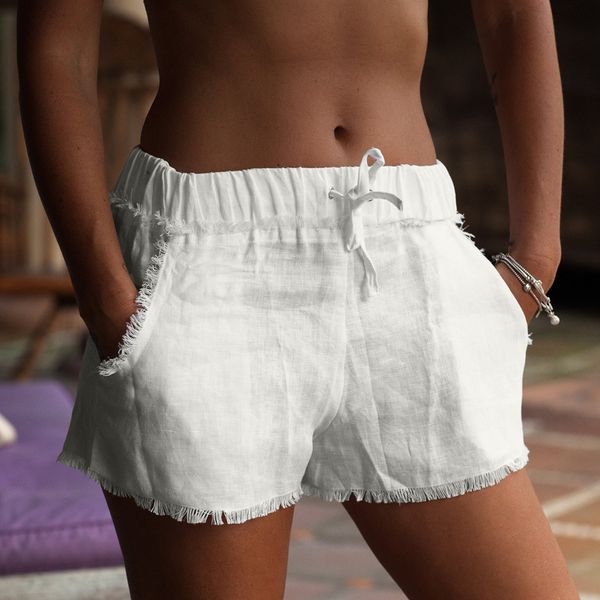 

feitong linen shorts women fringe color plus size shorts for women with pockets summer pantalones corto para mujer, White;black