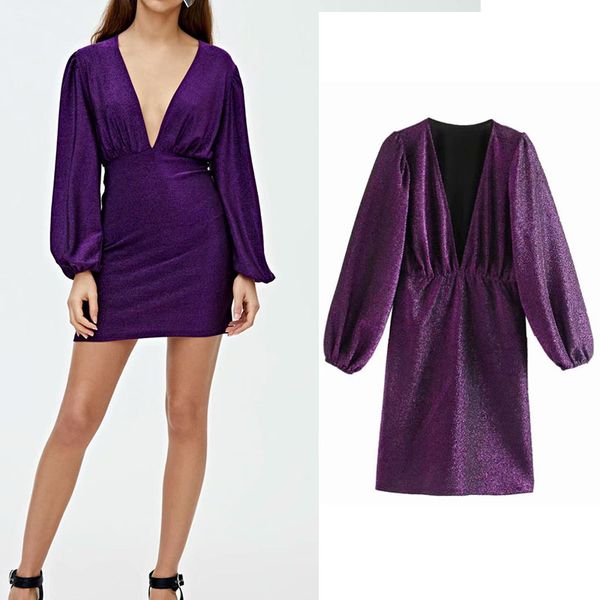 

2019 purple shining sheath women dress mini deep v-neck dress party vestidos long sleeve chic stylish vestido mujer, Black;gray