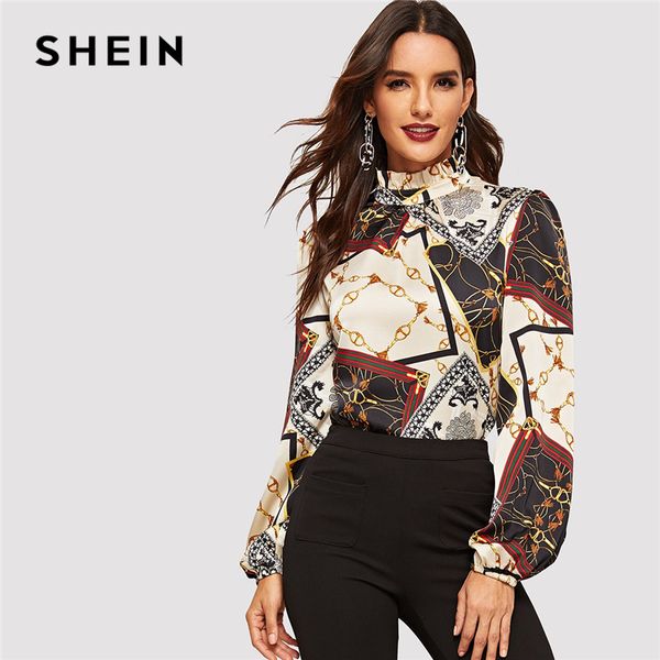 

shein workwear multicolor frilled neck stand collar geometric retro print women autumn modern lady casual and blouses, White