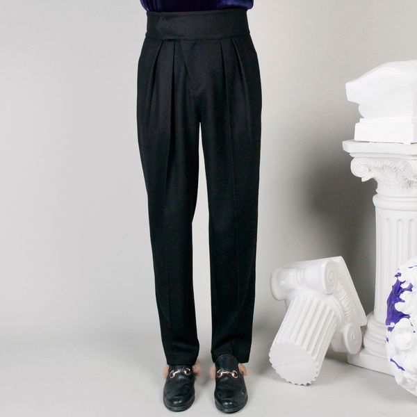 

customized big code 2019 new fashion original designer men's slant placket high waist low feet woolen broad-legged trousers, Black