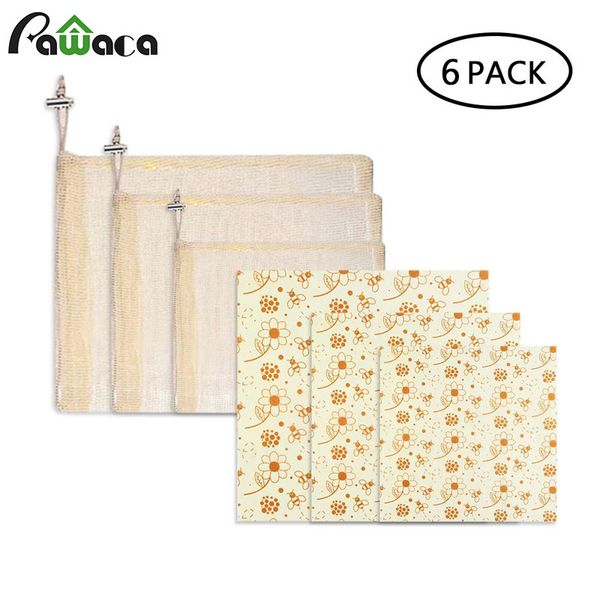 

6pcs beeswax wrap reusable mesh produce storage bags storage seal fresh keeping lid cover stretch washable with drawstrings