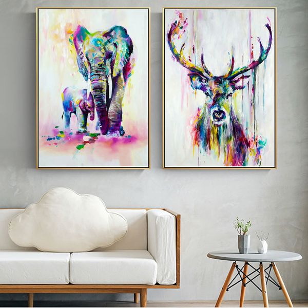 

watercolor animals canvas art wall paintings elephant and deer abstract graffiti art prints wall posters for kids room