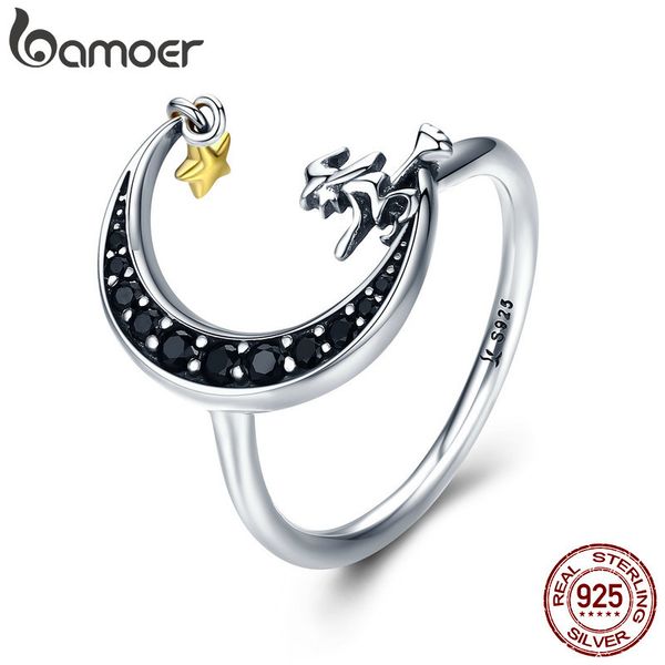 

bamoer 100% 925 sterling silver magic witch in moon star black cz dangle finger ring for women sterling silver jewelry scr288, Golden;silver