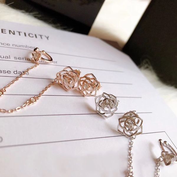 

brand pure 925 sterling silver jewelry for women ear cuff earrings rose pendant flower earrings move stone design summer, Golden;silver