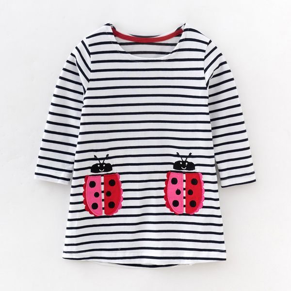 

little maven new spring autumn kids striped printed o-neck applique ladybird girls 2-7yrs full-sleeved cotton knitted dresses, Red;yellow