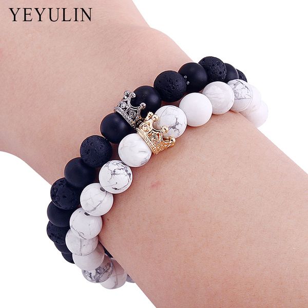 

lover's natural white black stone bead bracelet trendy alloy silver gold crown charms bangle jewelry for couple 2pcs
