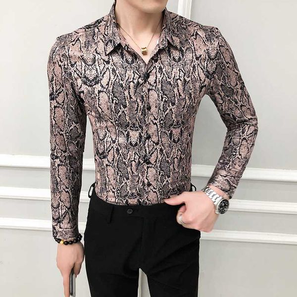 

fashion snake print shirts men dress casual slim fit long sleeve shirt 2020 spring korean streetwear social camisa masculina, White;black