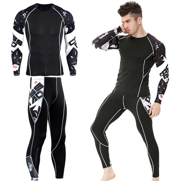 

2pcs men compression jogging sets fitness training sportswear quick-dry running tights+pants tracksuit running suit, Black;blue