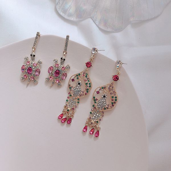 

national style creative cute colorful rhinestones turtle peacock tassel silver needle earrings personality sweet female jewelry
