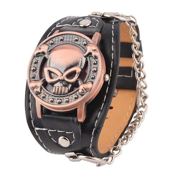 

outad skull cover quartz watch men women fashion leather wrist watch leather bracelet men's biker metal relogio, Slivery;brown