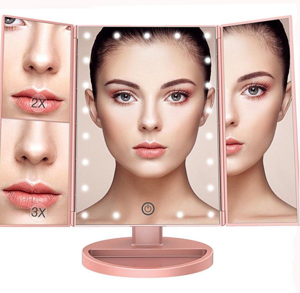 Makeup Vanity espelho com luzes 2X 3X Ampliação LED Espelho Touch Screen ajustável rotação dupla fonte de alimentação portátil com três dobras espelho