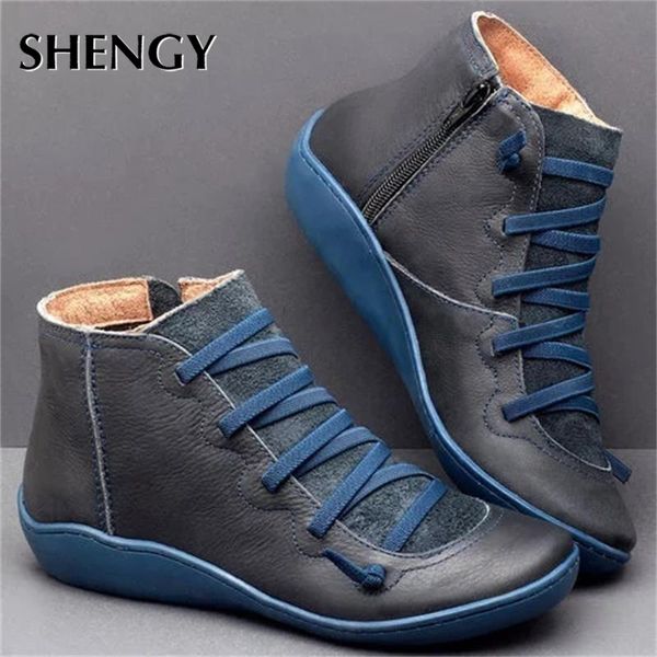 

new leather ankle boots autumn vintage lace up women shoes comfortable flat heel boots female zipper short boots dropshipping mx200324, Black