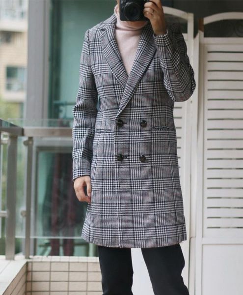 

women coat double-breasted plaid mid-length woolen coat, Black